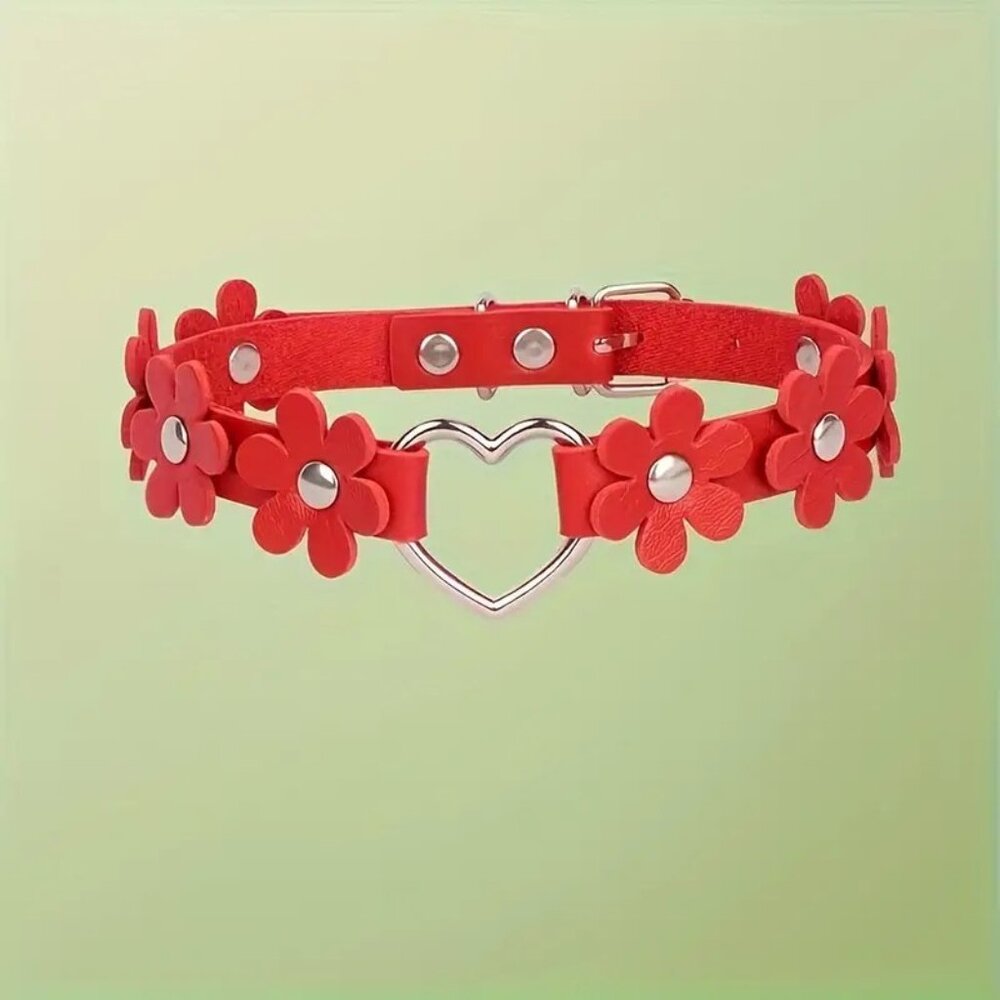 Leather Choker Necklace Collar Red Flower Sexy Emo Rave Role Play Fetish Edgy - Picture 3 of 3